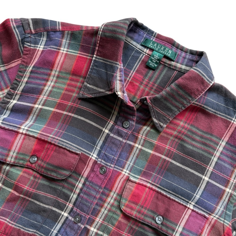 VTG! Lauren Ralph Lauren Women's L Red Plaid Flannel Button-Up Shirt Long Sleeve